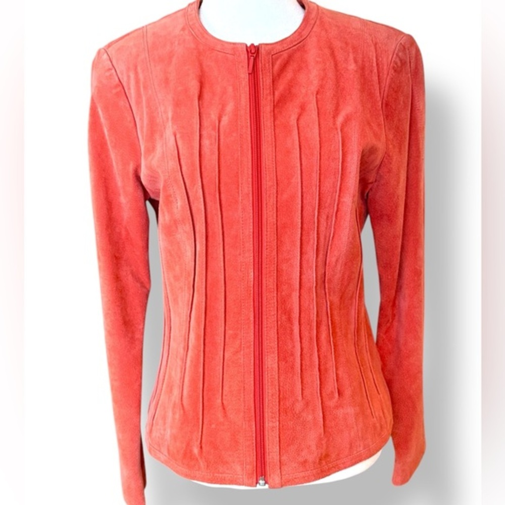 Vintage Yvonne le Marie  Coral Waist Length Pleated‎ Suede Leather Jacket Size S